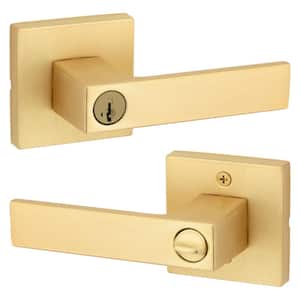 Singapore Satin Brass Square Key Entry Door Lever Handle Featuring SmartKey Security