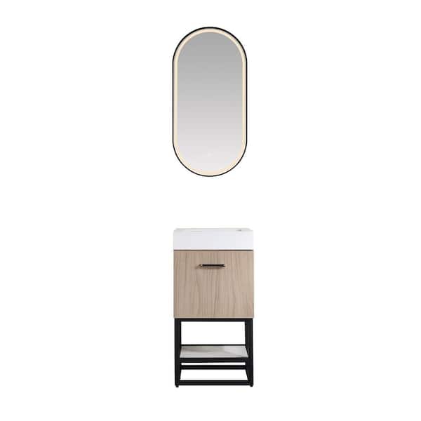 ROSWELL Toledo 18 in. W x 18 in. D x 34 in. H Single Sink Bath Vanity in Light Walnut with White Composite Stone Top and Mirror