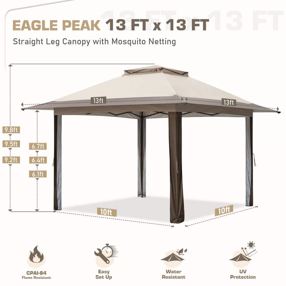 Beige and Brown Metal Pop-Up Patio Gazebo with Mosquito Netting