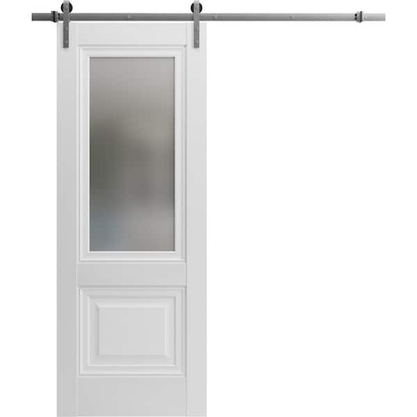 Sartodoors 24 in. x 80 in. 1 Panel Frosted Glass White Solid Wood Sliding Barn Door with Hardware Kit