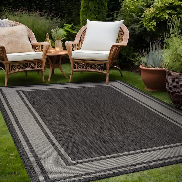 Essence Dark Gray/Gray 8 x 10 ft. Bordered Easy to Clean Indoor Outdoor Area Rug