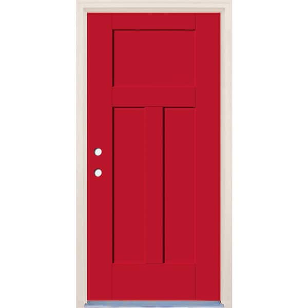 Builders Choice 36 in. x 80 in. 3-Panel Craftsman Right-Hand Ruby Red Fiberglass Prehung Front Door w/4-9/16 in. Frame and Nickel Hinges