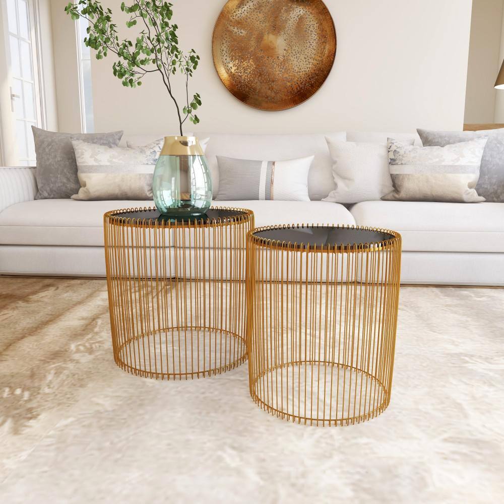 Elegant Gold Metal and Black Glass Round Accent Table Set