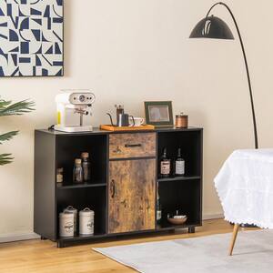 Rustic Brown and Black Wood 48 in. Farmhouse Buffet Sideboard Coffee Bar File Cabinet Console Table withDrawer Cubby