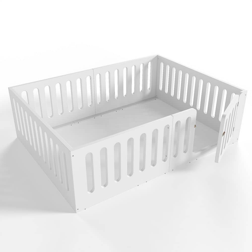 Low-Profile White Queen Size Wood Frame Montessori Bed Floor Bed, Kid Bed with High Security Fence, Door