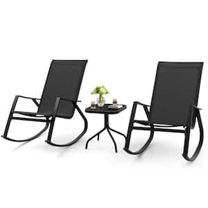 3-Piece Patio Metal Outdoor Rocking Chairs and 4-legged Side Table in Black