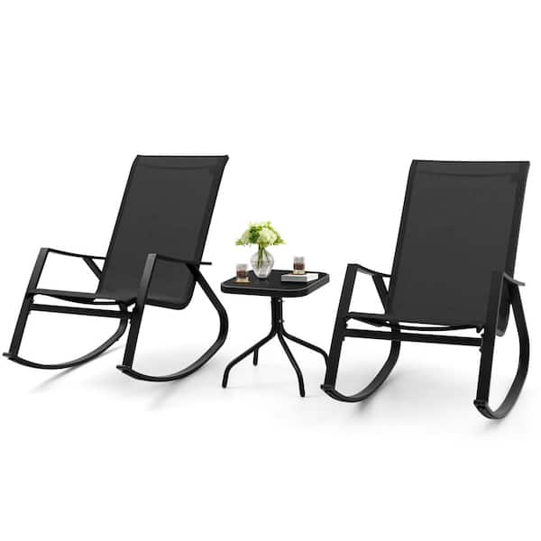 Crestlive Products 3-Piece Patio Metal Outdoor Rocking Chairs and 4-legged Side Table in Black