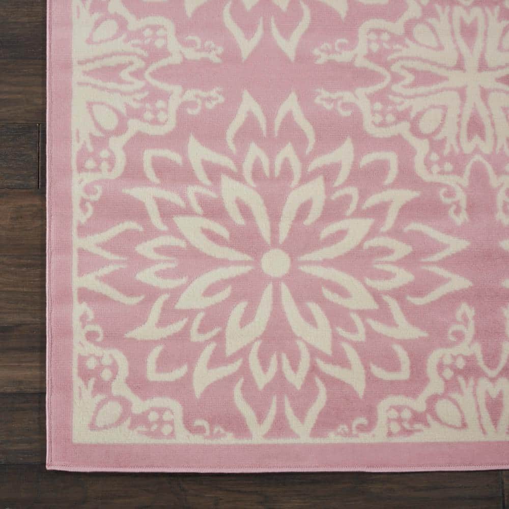 Ivory and Pink Floral Synthetic 8' x 10' Rectangular Rug