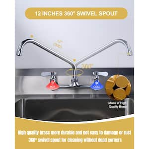 Commercial Faucet with 12 in. Swivel Spout, Double Handle Wall Mounted Standard Kitchen Faucet in Polished Chrome