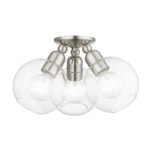Downtown 16 in. 3-Light Brushed Nickel Semi-Flush Mount with Clear Sphere Glass