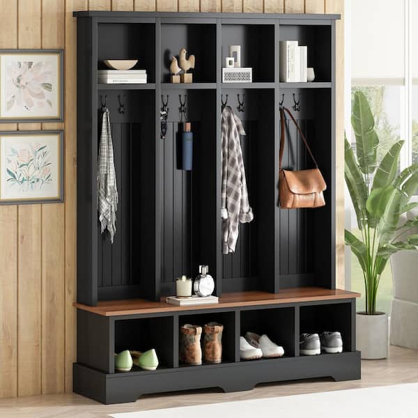 Modern 3-in-1 Black Wood Hall Tree with 8 Hooks, Coat and Shoe Rack, Practical Entryway Bench