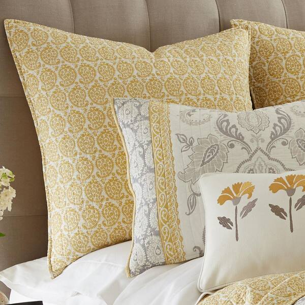 St. Claire - Embroidered Flower Decorative Pillow - Gold, Grey