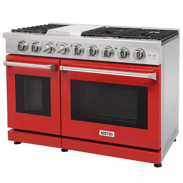 Propane-48 in. 6.8 cu. ft. 6 Burners Freestanding Double Oven Gas Range in Stainless Steel w/ Griddle & Red Oven Door