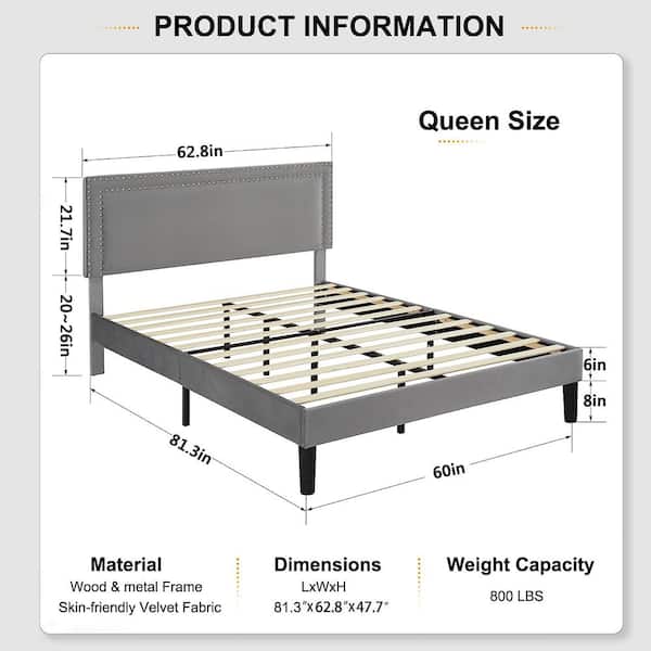 Upholstered Bed with Adjustable Headboard, No Box Spring Needed Platform Bed Frame, Bed Frame Gray Queen Bed