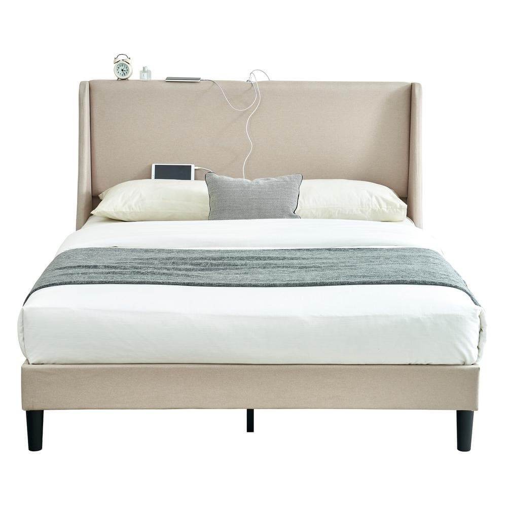 Upholstered Bed Frame with Headboard and Wingback, Beige Queen Size Bed Frame, Platform Bed with USB, and Type-C Ports - thumbnail 3