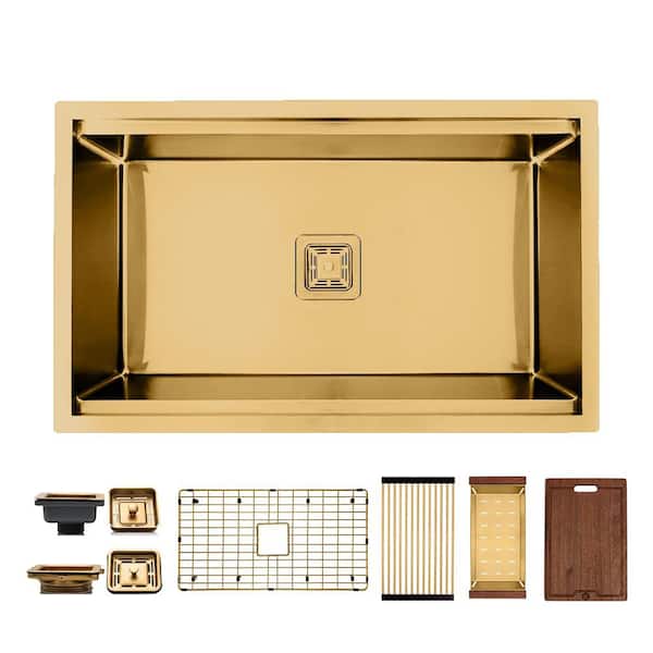 Undermount Workstation 32 in. Gold Stainless Steel Single Bowl Sink With Center Square Drain And Accessories