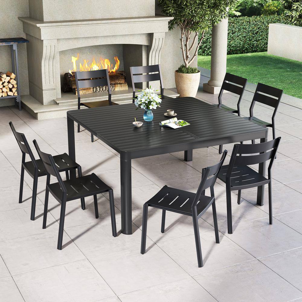 Black 9-Piece Aluminum Patio Outdoor Dining Set with Extendable Table and Stackable Chairs