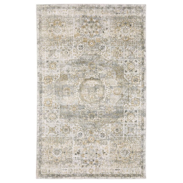 Wingate Gray/Gold 8 ft. x 10 ft. Oriental Distressed Center Medallion Hand-Loomed Viscose-Wool Blend Indoor Area Rug