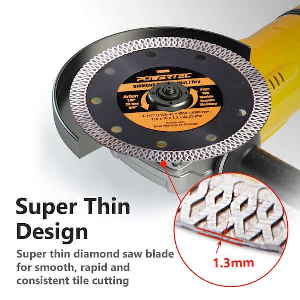 POWERTEC 4-1/2 Inch Turbo Mesh Rim Diamond Saw Blade – For Angle Grinder, 14000, Cuts Porcelain Ceramic Granite