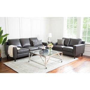 Miller 39 in. Straight Arm Top Grain Leather Rectangle Sofa in. Gray with Loveseat
