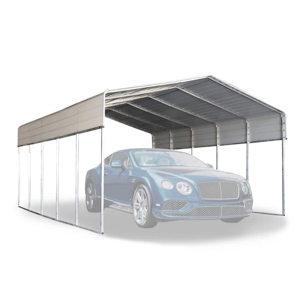 Gray Galvanized Steel Carport with Corrugated Roof Panels