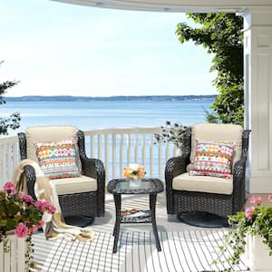 Erie Lake 3-Piece Brown Wicker Outdoor Rocking Chair Set with Beige Cushions