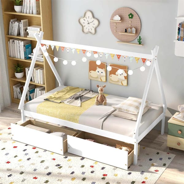 White Twin Size Wooden House Bed Frame with 2 Drawers Roof Storage for Boys and Girls