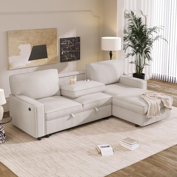 Multi functional 89 in. Beige Pull Out Twin Size Polyester Sofa Bed with USB Charging 2 Cup Holders Hidden Storage
