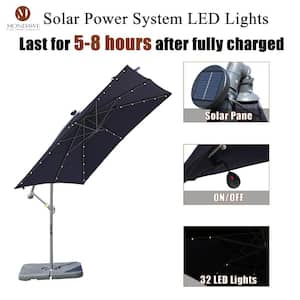 8.3 ft. Square Steel Pole Cantilever Patio Umbrella Outdoor Market Umbrella in Navy Blue with LED Lights & Base