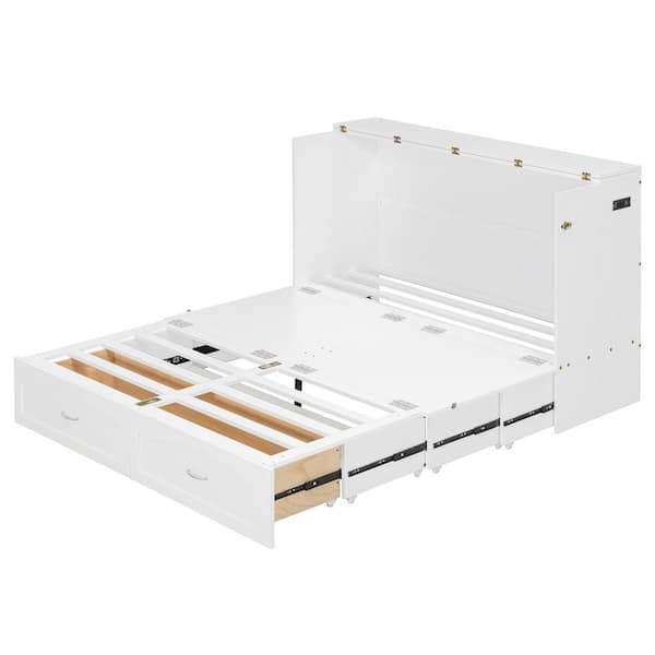 White Wood Frame Queen Size Murphy Bed with Built-in Charging Station, Pulleys and Sliding Rails Design, 2-Drawer