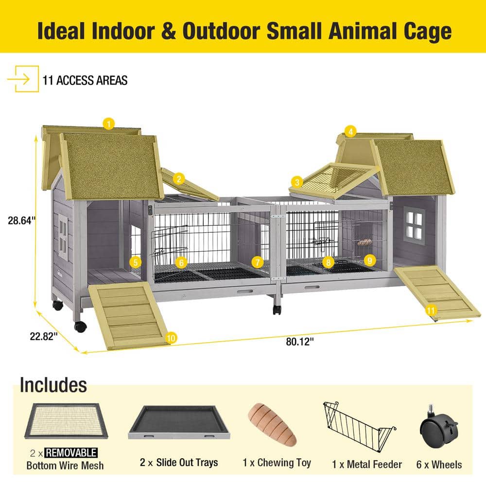 Gray Wooden Indoor/Outdoor Rabbit Hutch with Double House and Run