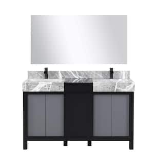 Zilara 55 in x 22 in D Black and Grey Double Bath Vanity, Castle Grey Marble Top, Matte Black Faucet Set, 53 in Mirror