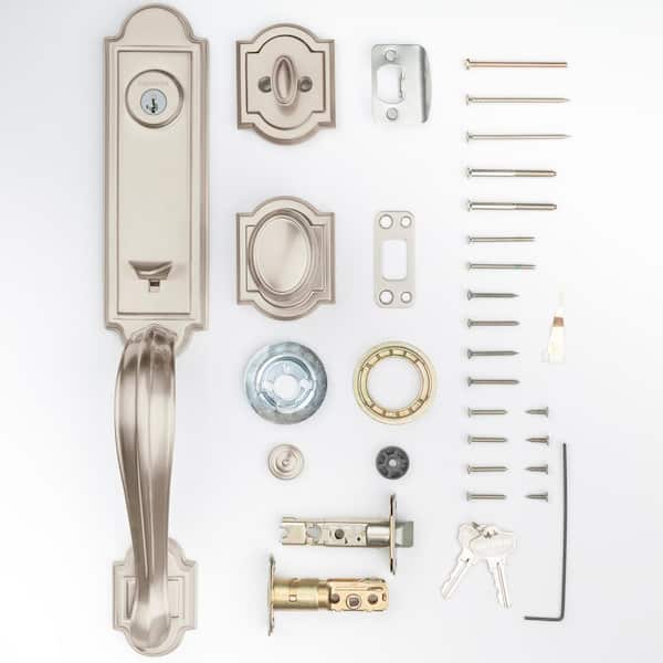 Prestige Avendale Single Cylinder Lifetime Polished Brass Door Handleset with Alcott Door Knob feat SmartKey Security