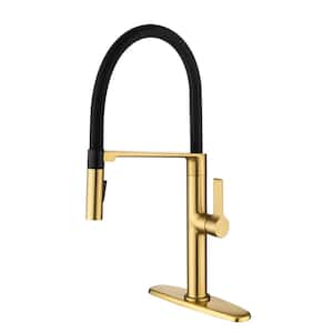 Magnetic Single Handle Pull Down Sprayer Kitchen Faucet with Deckplate and Water Supply Line Included in Brushed Gold