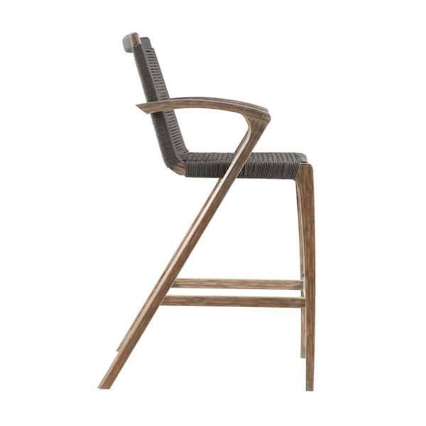 Brielle Armed UV Protected Outdoor Light Eucalyptus Wood and Charcoal Rope Counter Height Stool with Footrest