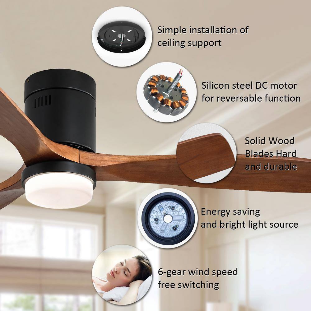 52" Walnut and Black Wood Blade Ceiling Fan with Remote and Light