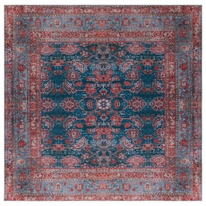 Tucson Blue/Rust 6 ft. x 6 ft. Machine Washable Border Distressed Floral Square Area Rug