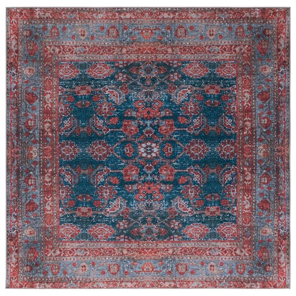 SAFAVIEH Tucson Blue/Rust 6 ft. x 6 ft. Machine Washable Border Distressed Floral Square Area Rug