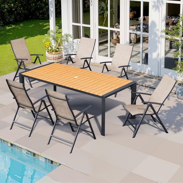 7-Piece 84 in. Brown Aluminum Wood-Like Patio Outdoor Dining Set Umbrella Hole, Esspreso Adjustable Back Metal Chair
