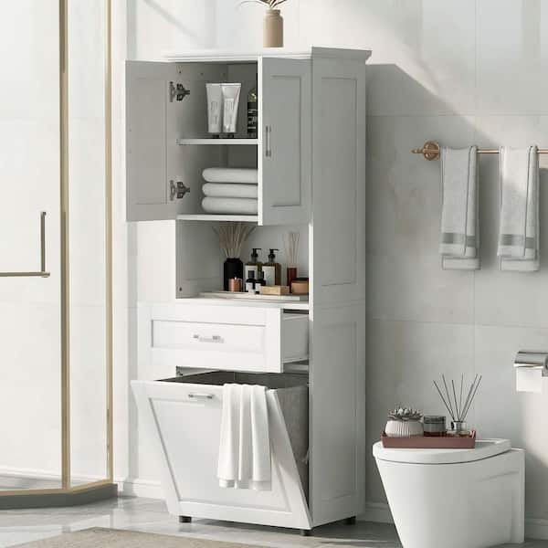 24.7 in. W x 16.3 in. D x 70 in. H White Freestanding Linen Cabinet with Laundry Basket and Tilt-Out Laundry Hamper