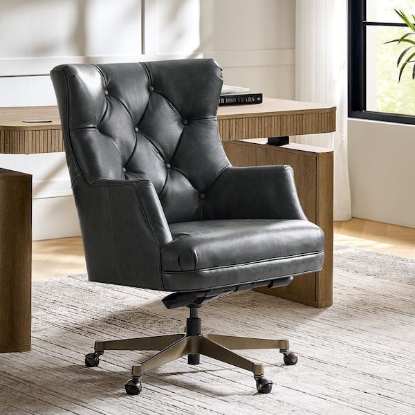 Salvador Genuine Leather Wingback Ergonomic Office Chair in Grey with Non-Adjustable Arms
