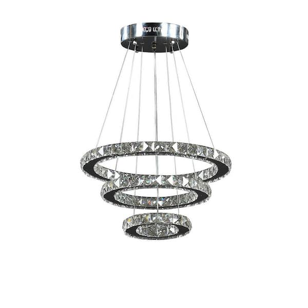 Jushua 1-Light Silver Oil Large Triple Hoop Modern Crystal Stainless Pure White Dimmer Chandelier, No Bulbs Included