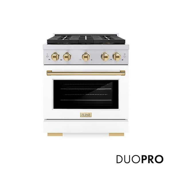 Autograph 30 in. 4.2 cu. ft. Gas Range with 4-Burner Cooktop and Gas Oven in Stainless with White Matte Door and Gold