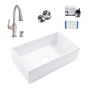 Turner 30 in. Farmhouse Apron Front Undermount Single Bowl White Fireclay Kitchen Sink with Maren Stainless Faucet Kit
