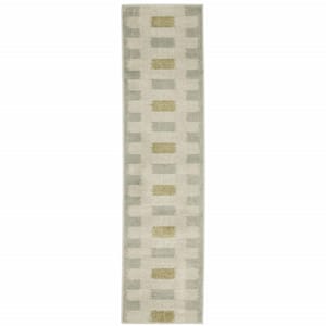 Beige Grey Gold and Green Geometric 2 ft. x 8 ft. Power Loom Stain Resistant Runner Rug