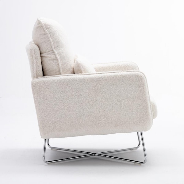 Cream White Polyester Accent Chair Velvet Armchair with Lumbar Pillow for Living Room