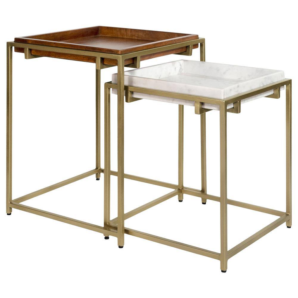 Gold and Brown Mango Wood Square Nesting Tables with Metal Frame