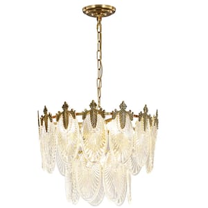 6-Light Brass Modern Crystal Chandelier, 2-Tier Leaf Crystal Hanging Ceiling Pendant Light, Bulbs Included