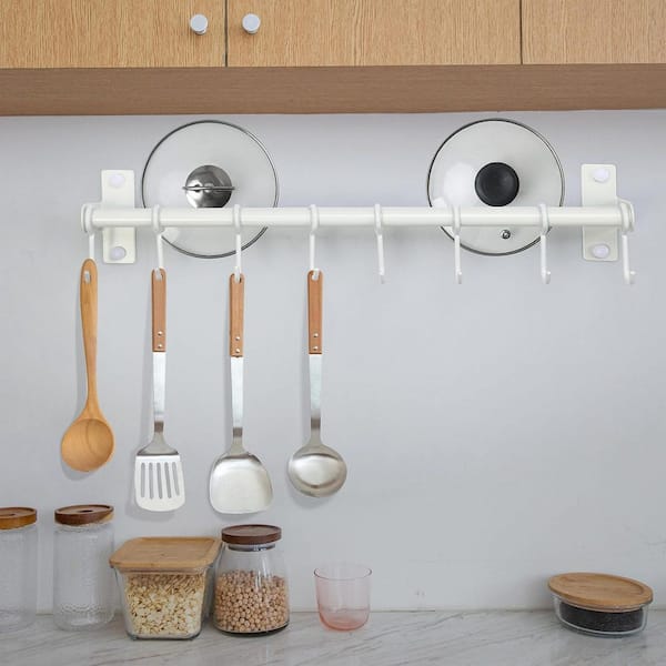 White Wall Mounted Double Bar Hanging Rack Pot Rack with 8 Hooks for Kitchen Pots Pans Utensils Organizer