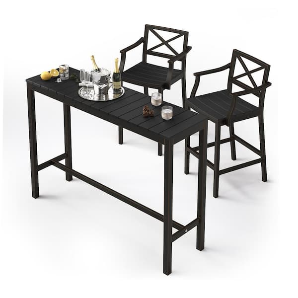 LUE BONA Humphrey 5 Piece 55 in. Black Alu Outdoor Patio Dining Set Serving Bar Set HDPS Top With Bar Chairs For Balcony Poolside